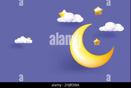 Lune en croissant, étoiles dorées et nuages blancs style 3D isolé sur fond violet. Illustration de Vecteur