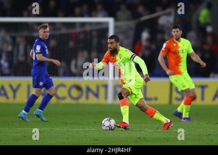Cardiff, Royaume-Uni.30th janvier 2022.Lewis Grabban de la forêt de Nottingham en action.Match de championnat EFL Skybet, Cardiff City et Nottingham Forest au Cardiff City Stadium de Cardiff, pays de Galles, le dimanche 30th janvier 2022. Cette image ne peut être utilisée qu'à des fins éditoriales.Utilisation éditoriale uniquement, licence requise pour une utilisation commerciale.Aucune utilisation dans les Paris, les jeux ou les publications d'un seul club/ligue/joueur. photo par Andrew Orchard/Andrew Orchard sports Photography/Alamy Live News crédit: Andrew Orchard sports Photography/Alamy Live News Banque D'Images