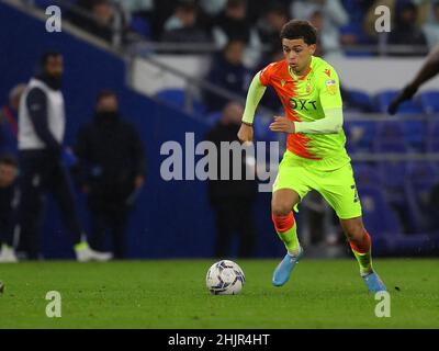 Cardiff, Royaume-Uni.30th janvier 2022.Brennan Johnson de la forêt de Nottingham en action.Match de championnat EFL Skybet, Cardiff City et Nottingham Forest au Cardiff City Stadium de Cardiff, pays de Galles, le dimanche 30th janvier 2022. Cette image ne peut être utilisée qu'à des fins éditoriales.Utilisation éditoriale uniquement, licence requise pour une utilisation commerciale.Aucune utilisation dans les Paris, les jeux ou les publications d'un seul club/ligue/joueur. photo par Andrew Orchard/Andrew Orchard sports Photography/Alamy Live News crédit: Andrew Orchard sports Photography/Alamy Live News Banque D'Images