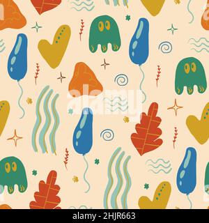 Motif vectoriel abstrait sans couture. Répétition de divers éléments de dessin à la main de formes et de couleurs diverses. Arrière-plan pour l'impression du papier peint, l'habillage Illustration de Vecteur