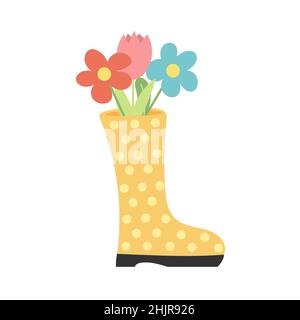 Fleurs de printemps mignonnes en bottes de caoutchouc jaune, élément de design et de décor, composition de printemps, illustration vectorielle de style dessin animé, dessin à la main. Illustration de Vecteur