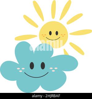 Sun hugging Cloud.Des personnages souriants.Illustration vectorielle de style dessiné à la main Illustration de Vecteur