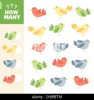 Jeu de mathématiques pour enfants.Combien d'oiseaux colorés y a-t-il.Illustration vectorielle.Feuille de travail imprimable simple.Puzzle éducatif pour les enfants. Illustration de Vecteur