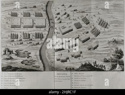 Campagne contre l'Helvetii (58 av. J.-C.).Défaite d'un quart des Helvetii dans le col de Saone.Gravure.«Commentaires de Cesar, avec des notes historiques, critiques et militaires», par le Comte Turpin de Crissé.Volume I. publié à Montargis et vendu à Paris, 1785. Banque D'Images