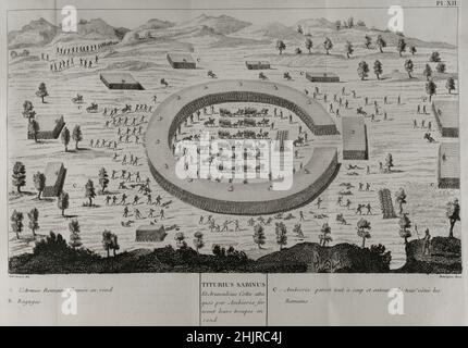 Galle Wars (58 BC-50 BC).Quintus Titurus Sabinus et Arunculcius Cotta, attaqués par Ambiorix, formant leurs troupes en cercle.Gravure.Commentaires de Cesar avec des notes historiques, critiques et militaires par le Comte Turpin de Crissé.Volume I. publié à Montargis et vendu à Paris, 1785. Banque D'Images