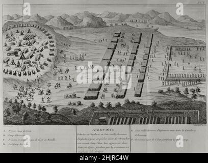 Galle Wars (58 BC-50 BC).Première campagne contre les tribus germaniques (58 av. J.-C.).Ariovistus, le chef Suebi, déploie sa cavalerie et seize mille infanterie pour empêcher César d'enchâler son deuxième camp.César se bat avec ses deux premières lignes, tandis que la troisième est utilisée pour fortifier son deuxième camp.Gravure.Commentaires de Cesar, avec des notes historiques, critiques et militaires, par le Comte Turpin de Crissé.Volume I. publié à Montargis et vendu à Paris, 1785. Banque D'Images