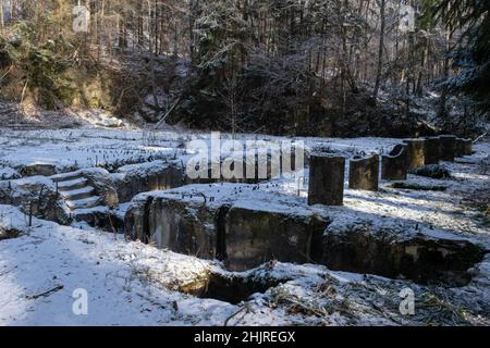 Gluszyca, Pologne - 12 janvier 2022.Projekt Riese, complexe Osowka.Les nazis y ont ennuyé environ 1 750 mètres de tunnels souterrains en WW2.Reste Banque D'Images