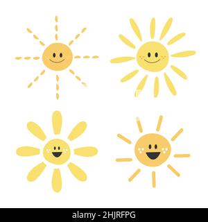 Personnages drôles du soleil.Vecteur dessin à la main dessin animé soleil isolé sur fond blanc.Concept de caractère Sun.Quatre icônes sont définies Illustration de Vecteur