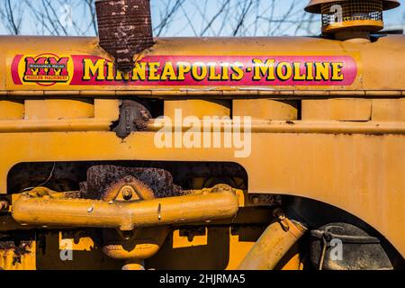 Nous avons visité un cimetière de tracteurs et nous voulions capturer les couleurs vives de ce tracteur Moline de Minneapolis contre la rouille. Banque D'Images