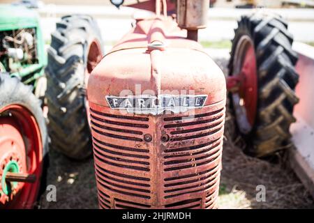 J'ai trouvé quelques vieux tracteurs garés dans un champ et j'ai adoré cet ancien Farmall assis là-bas, qui rouillent. Banque D'Images