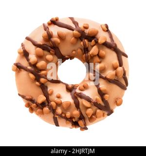 Beignet au chocolat au lait avec noix isolées sur fond blanc avec passe-cheveux.Vue de dessus Banque D'Images