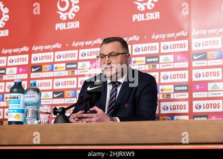 Varsovie, Pologne.31st janvier 2022.Czeslaw Michniewicz nouvel entraîneur de l'équipe nationale de football de Pologne vu lors de la présentation à la presse au PGE Narodowy Stadium.Crédit : SOPA Images Limited/Alamy Live News Banque D'Images