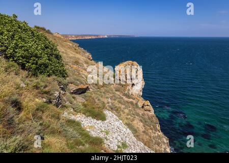 Rochers du cap de Kaliakra dans la région sud de Dobruja, sur la côte nord bulgare de la mer Noire Banque D'Images