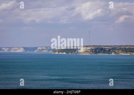 Vue depuis le cap de Kaliakra dans la région de Dobruja au sud de la côte nord bulgare de la mer Noire Banque D'Images