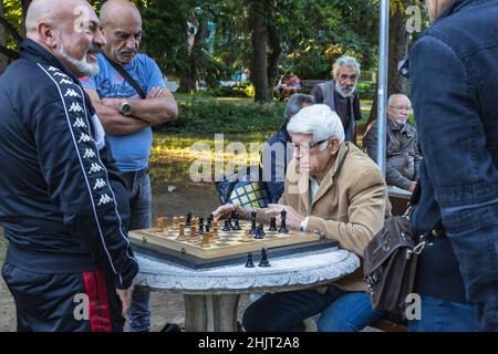 Hommes jouant aux échecs dans le parc du pôle Marno à Veliko Tarnovo ville, centre administratif de la province de Veliko Tarnovo dans le centre-nord de la Bulgarie Banque D'Images