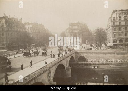 Antique vers 1890 photographie de la place Saint-Michel et de la fontaine à Paris, France.SOURCE: PHOTOGRAPHIE ORIGINALE D'ALBUMINE Banque D'Images