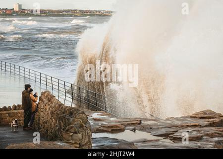 Vagues de tempête sauvage à Whitley Bay, North Tyneside Banque D'Images