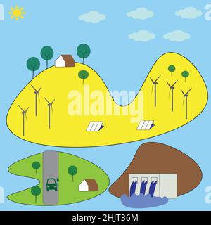 Les méthodes d'énergie renouvelable comme l'hydroélectricité, les éoliennes, la ferme solaire, le concept d'énergie verte Illustration de Vecteur