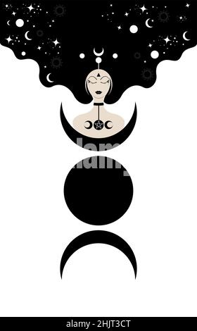 Prêtresse avec cheveux longs, modèle.Triple Lune, icône sacrée de la déesse de la femme wiccan.Signe de la Wicca religieuse de Crescent Moon.Symboles de néopaganisme en blanc Illustration de Vecteur