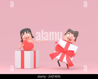 Joli garçon ouvrant le cadeau de sa petite amie.Boîte.J'aime la forme du cœur rouge.Charmant.3d illustration. Banque D'Images