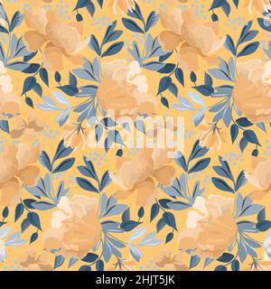 Motif fleuri vectoriel sans coutures.Motif avec fleurs jaune-orange et feuilles vertes sur fond jaune. Illustration de Vecteur