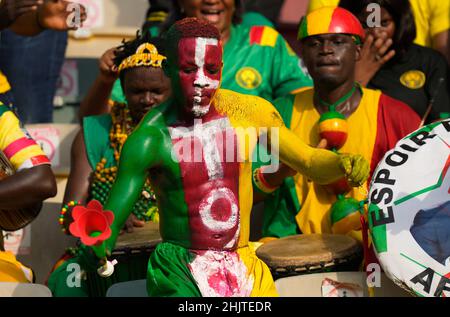 Douala, Cameroun, 29 janvier 2022: Fans au Cameroun contre la Gambie, coupe d'Afrique des Nations au stade de Japoma.Prix Kim/CSM. Banque D'Images