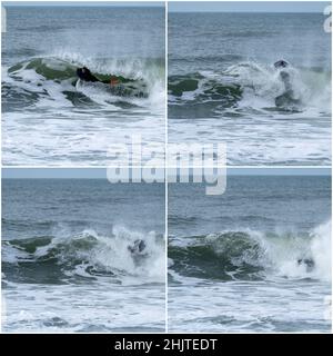 Bodyboarder effectuant un tour de tube surf océan ondulant vague de l'océan sur une journée d'hiver nuageux. Banque D'Images