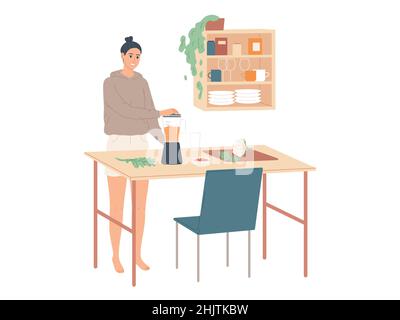 La femme à la maison dans la cuisine cuisent les aliments à l'aide d'un mélangeur. Illustration de Vecteur