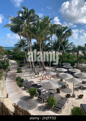 Parasols en paille de l'hôtel, chaises et sentier au milieu du sable et des palmiers Banque D'Images