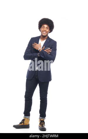 Beau tout le corps heureux homme de mode noir Banque D'Images