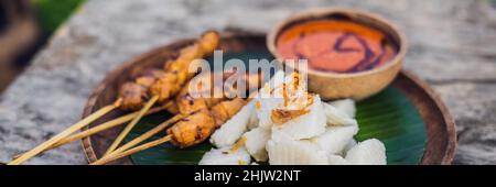 Satay de poulet indonésien ou sate Ayam servi avec du lontong, de la sauce soja et de la sauce aux arachides BANNIÈRE alimentaire de style de vie, FORMAT LONG Banque D'Images