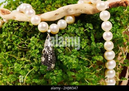 Pendentif de platine pour femmes avec des diamants noirs et blancs sur un collier de perles de preciouse, sur un peu de feuilles vertes, micro.Bijoux de luxe pour femmes Banque D'Images