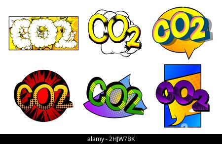 CO2.Texte de mot de bande dessinée sur fond de bande dessinée abstraite.Illustration de style pop art rétro.CO2 émissions émissions dioxyde de carbone réduction de la pollution atmosphérique Illustration de Vecteur