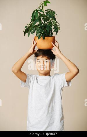 Un garçon indien habillé de façon décontractée tenant une plante en pot sur sa tête.Sur fond beige.Debout, en regardant la caméra. Banque D'Images