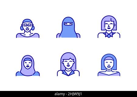 Ensemble d'icônes d'avatar de femme.Étudiants, filles, femmes dans le hijab et le niqab.Icônes de couleur de contour Pixel Perfect, modifiables Illustration de Vecteur