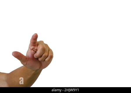 main mâle pointant du doigt sur fond blanc Banque D'Images