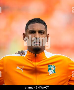 Douala, Cameroun, 16 janvier 2022: Sébastien Haller de la Côte d'Ivoire pendant la Sierra Leone contre la Côte d'Ivoire - coupe des nations d'Afrique au stade de Japoma.Prix Kim/CSM. Banque D'Images