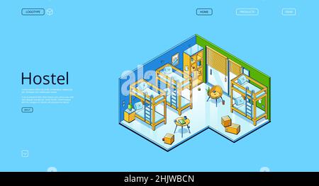 Bannière auberge avec intérieur isométrique de la chambre d'hôtes.Page d'accueil Vector de l'hébergement avec illustration de la chambre avec lits superposés pour dormir et se reposer en voyage Illustration de Vecteur