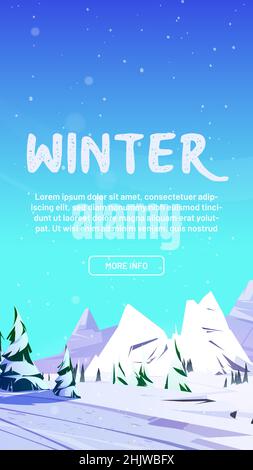 Bannière Web avec montagnes d'hiver, nature du nord paysage rocheux avec conifères arbres et rochers couverts de neige.Invitation à la station de ski, parc sauvage loisirs Cartoon Vector application mobile à bord page Illustration de Vecteur