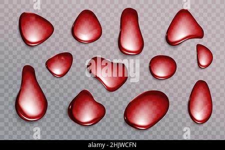 Gouttes rouges sur fond transparent.Gouttes de sang, de jus de fraise ou de vin.Les bulles de soda, de bière ou d'eau boivent une texture abstraite.Gouttelettes d'eau aléatoires, motif de déversement 3D, illustration vectorielle réaliste Illustration de Vecteur