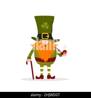 Gnome Saint-Patrick.Mignon lepretchun avec bâton de marche et pipe de fumer.Illustration vectorielle de style dessin animé plat.Élément dessiné à la main pour irlandais Illustration de Vecteur