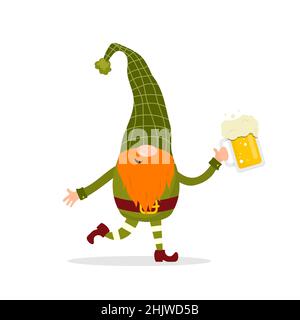 Gnome Saint-Patrick.Un joli lepretchun avec de la bière.Illustration vectorielle de style dessin animé plat.Élément dessiné à la main pour les vacances en irlande Illustration de Vecteur