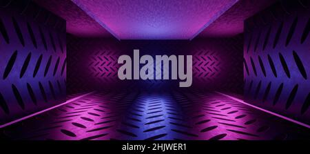 Couloir expérimental hangar sous-sol souterrain fantôme de couloir lueur avec des couleurs d'orchidées sombres Résumé numérique arrière-plan Alien futuriste concept 3D Banque D'Images