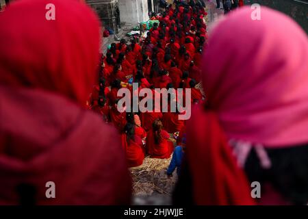 Katmandou, ne, Népal.1st févr. 2022.Les adeptes hindous népalais se rassemblent sur les rives de la rivière Bagmati, près du temple de Pashupatinath, lors du festival Narayan de Madhav, à Katmandou, au Népal, le 1 février 2022.(Image de crédit : © Aryan Dhimal/ZUMA Press Wire) Banque D'Images