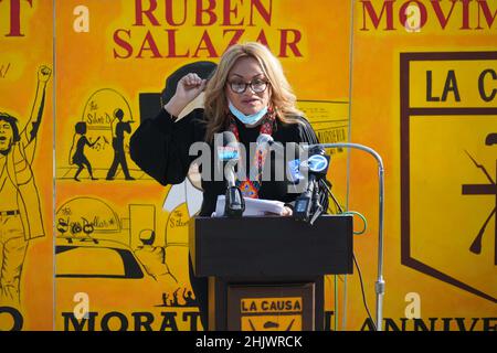 Aracelly CauichAracelly Cauich prend la parole lors d'une conférence de presse sur le moratoire Chicano au parc Belvedere, lundi 31 janvier 2022, pour reconnaître le 51e anniversaire Banque D'Images