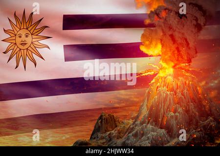 Éruption volcanique conique la nuit avec explosion sur fond de drapeau uruguayen, troubles à cause de catastrophe et de tremblement de terre volcanique concept - 3D illustr Banque D'Images