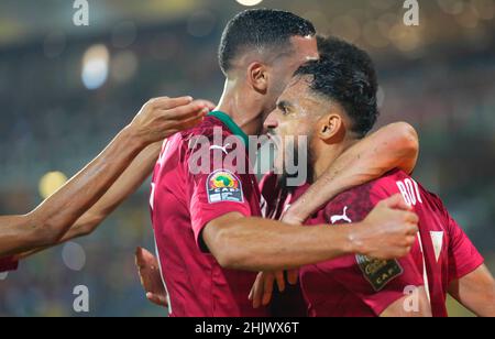 Yaoundé, Cameroun, 18 janvier 2022: Sofiane Boufal du Maroc célèbre son premier but au cours de la coupe des nations Maroc contre Gabon - Afrique au stade Ahmadou Ahidjo.Prix Kim/CSM. Banque D'Images