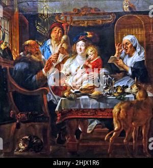 Comme l'ancien chantait, alors Pipe les jeunes par Jacob Jordaens 1593-1678.Peintre flamand connu pour ses peintures d'histoire, ses scènes de genre et ses portraits.le plus grand peintre baroque flamand d'après Peter Paul Rubens et Anthony van Dyck. Banque D'Images