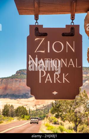 Panneau d'entrée du parc national de Zion, Utah Banque D'Images