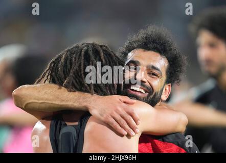 Yaoundé, Cameroun, 30 janvier 2022 : Mohamed Salah (capitaine) d'Égypte célébrant après la victoire du Maroc contre l'Égypte - coupe des nations d'Afrique au stade Ahmadou Ahidjo.Prix Kim/CSM. Banque D'Images